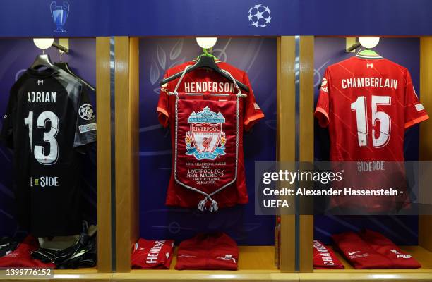 Detailed view of the shirts of Adrian, Jordan Henderson and Alex Oxlade-Chamberlain inside the Liverpool dressing room prior to the UEFA Champions...