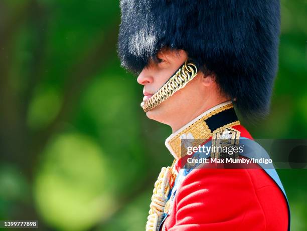Prince William, Duke of Cambridge rides, on horseback, down The Mall to carry out the Colonel's Review at Horse Guards Parade on May 28, 2022 in...