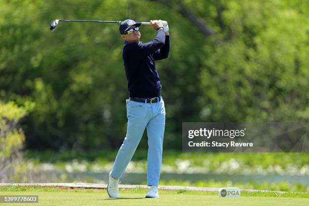Brian Gay of the United States hits his tee shot on the seventh hole during the third round of the Senior PGA Championship presented by KitchenAid at...