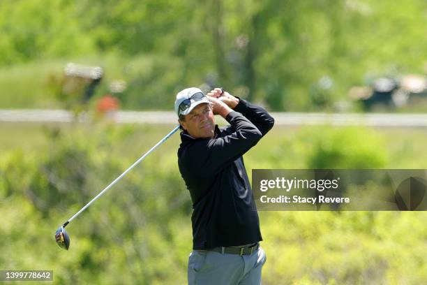 Stephen Ames of Canada hits his tee shot on the seventh hole during the third round of the Senior PGA Championship presented by KitchenAid at Harbor...