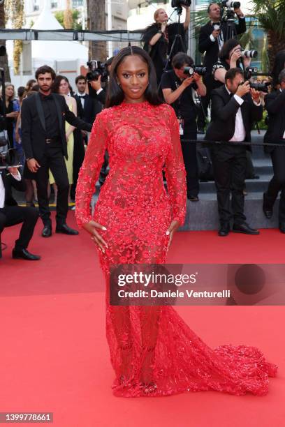 Maïmouna Doucouré attends the closing ceremony red carpet for the 75th annual Cannes film festival at Palais des Festivals on May 28, 2022 in Cannes,...