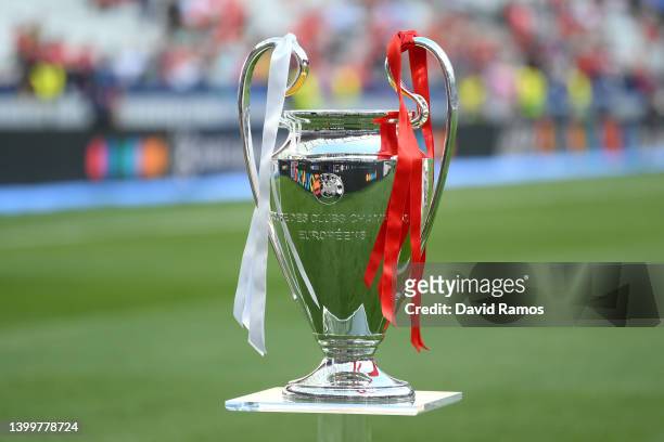 Detailed view of the UEFA Champions League trophy on the plinth prior to the UEFA Champions League final match between Liverpool FC and Real Madrid...