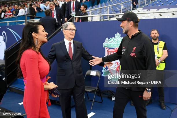 John W. Henry, Owner of Liverpool and wife Linda Pizzuti Henry interact with Jurgen Klopp, Manager of Liverpool prior to the UEFA Champions League...