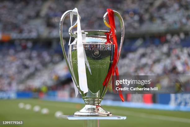 Detailed view of the UEFA Champions League Trophy on a plinth prior to the UEFA Champions League final match between Liverpool FC and Real Madrid at...