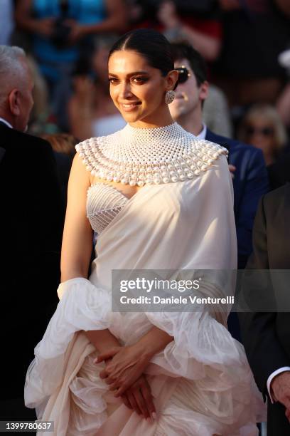 Jury member Deepika Padukone attends the closing ceremony red carpet for the 75th annual Cannes film festival at Palais des Festivals on May 28, 2022...