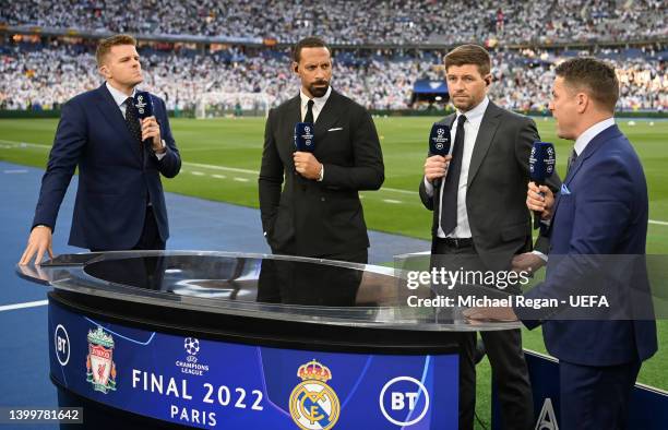 Jake Humphrey, Rio Ferdinand, Steven Gerrard and Michael Owen present on BT Sport prior to kick off of the UEFA Champions League final match between...