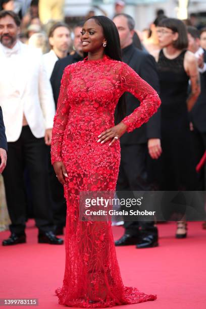 Maimouna Doucoure attends the closing ceremony red carpet for the 75th annual Cannes film festival at Palais des Festivals on May 28, 2022 in Cannes,...