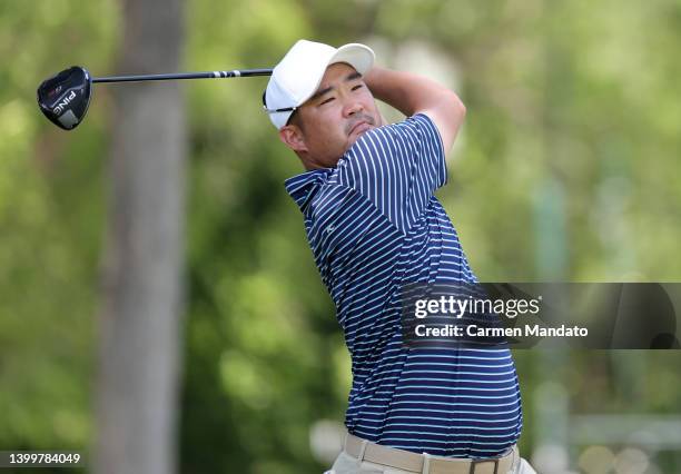 John Huh of the United States plays his shot from the third teeduring the third round of the Charles Schwab Challenge at Colonial Country Club on May...