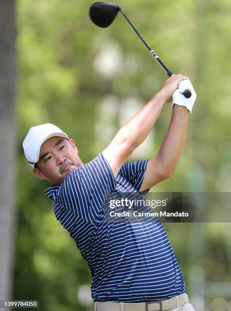 John Huh of the United States plays his shot from the third teeduring the third round of the Charles Schwab Challenge at Colonial Country Club on May...