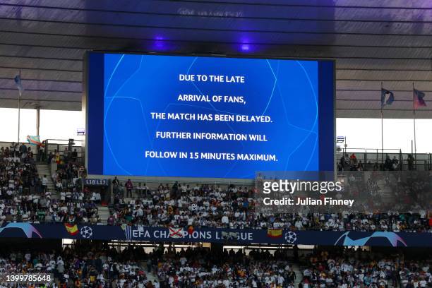 The LED screen shows the message of a delayed kick off time prior to the UEFA Champions League final match between Liverpool FC and Real Madrid at...