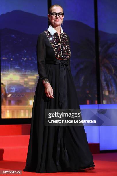 Carole Bouquet arrives on stage during the closing ceremony for the 75th annual Cannes film festival at Palais des Festivals on May 28, 2022 in...