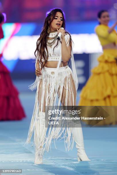 Camila Cabello performs in the pre-match show prior to the UEFA Champions League final match between Liverpool FC and Real Madrid at Stade de France...