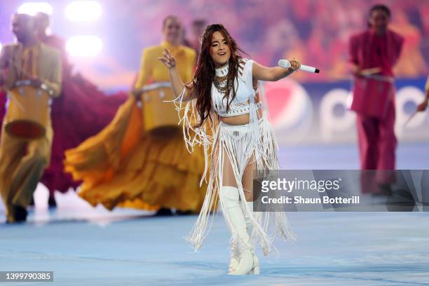 Camila Cabello performs during the Champions League Opening Ceremony prior to the UEFA Champions League final match between Liverpool FC and Real...