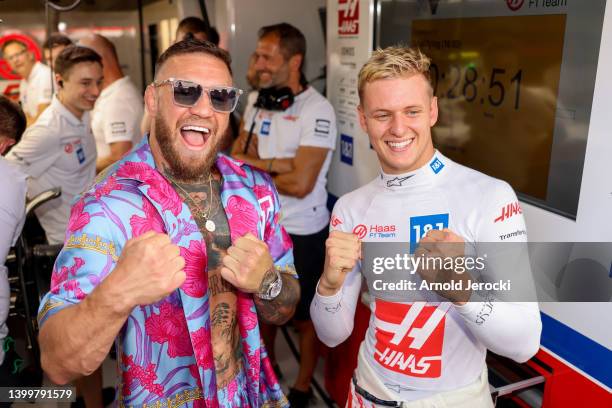 Conor McGregor and Mick Schumacher attends qualifying ahead of the F1 Grand Prix of Monaco at Circuit de Monaco on May 28, 2022 in Monte-Carlo,...