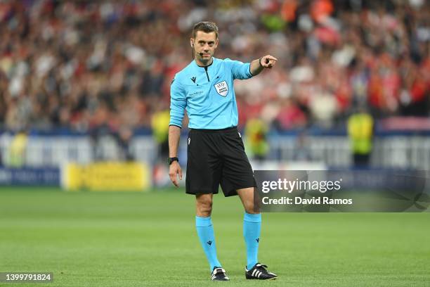 Referee Clement Turpin looks on during the UEFA Champions League final match between Liverpool FC and Real Madrid at Stade de France on May 28, 2022...