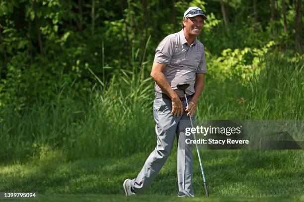 Stephen Ames of Canada hits his tee shot on the 15th hole during the third round of the Senior PGA Championship presented by KitchenAid at Harbor...