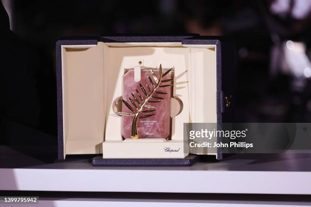 Close up of the Palme d'Or Award of Director Ruben Ostlund for the movie 'Triangle of Sadness' during the winner photocall during the 75th annual...