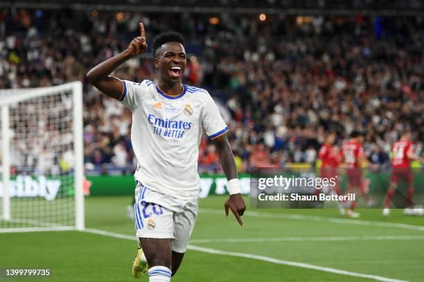 Vinicius Junior of Real Madrid celebrates after scoring their sides first goal during the UEFA Champions League final match between Liverpool FC and...