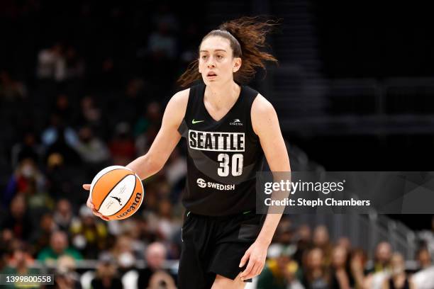 Breanna Stewart of the Seattle Storm dribbles against the New York Liberty during the fourth quarter at Climate Pledge Arena on May 27, 2022 in...