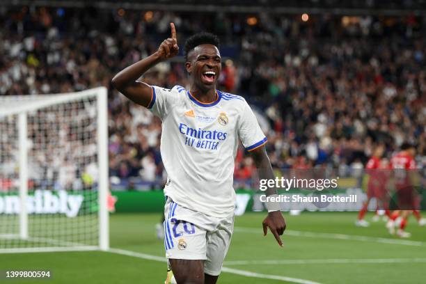 Vinicius Junior of Real Madrid celebrates after scoring their sides first goal during the UEFA Champions League final match between Liverpool FC and...