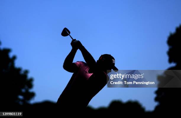 Patrick Reed of the United States plays his shot from the third tee during the third round of the Charles Schwab Challenge at Colonial Country Club...