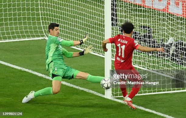 Mohamed Salah of Liverpool has a chance saved by Thibaut Courtois of Real Madrid during the UEFA Champions League final match between Liverpool FC...