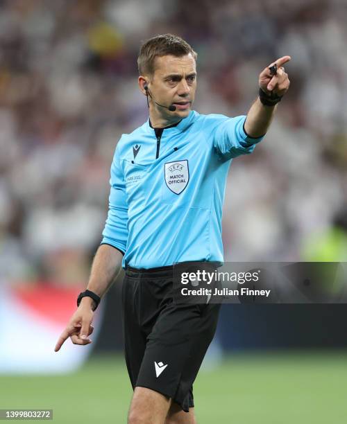 Referee Clement Turpin looks on during the UEFA Champions League final match between Liverpool FC and Real Madrid at Stade de France on May 28, 2022...