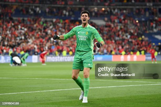 Thibaut Courtois of Real Madrid celebrates following their sides victory in the UEFA Champions League final match between Liverpool FC and Real...