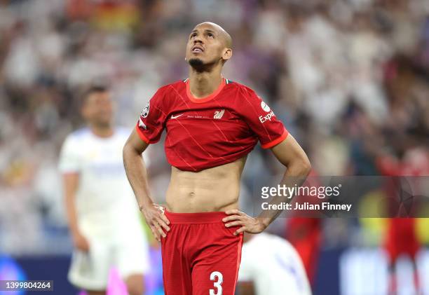 Fabinho of Liverpool looks dejected following their sides defeat in the UEFA Champions League final match between Liverpool FC and Real Madrid at...