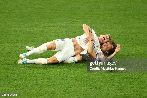 Toni Kroos and Luka Modric of Real Madrid celebrate after their sides victory during the UEFA Champions League final match between Liverpool FC and...