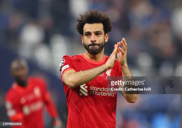 Mohamed Salah of Liverpool applauds fans following their sides defeat after the UEFA Champions League final match between Liverpool FC and Real...