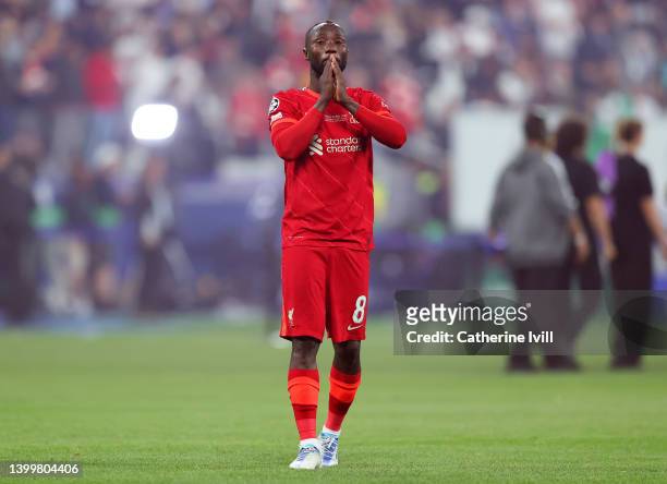 Naby Keita of Liverpool looks dejected following their sides defeat after the UEFA Champions League final match between Liverpool FC and Real Madrid...