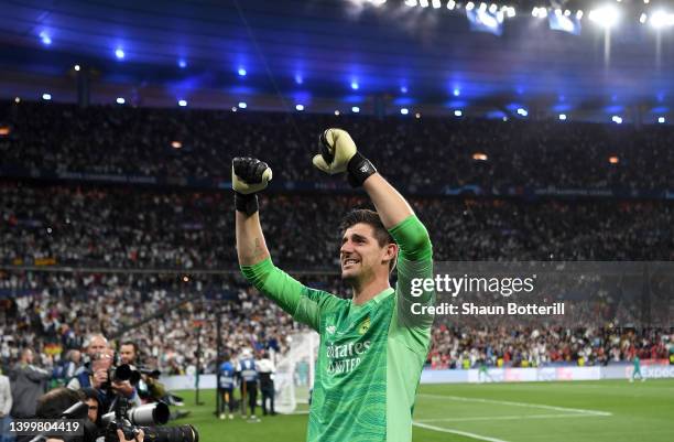 Thibaut Courtois of Real Madrid celebrates following their sides victory in the UEFA Champions League final match between Liverpool FC and Real...