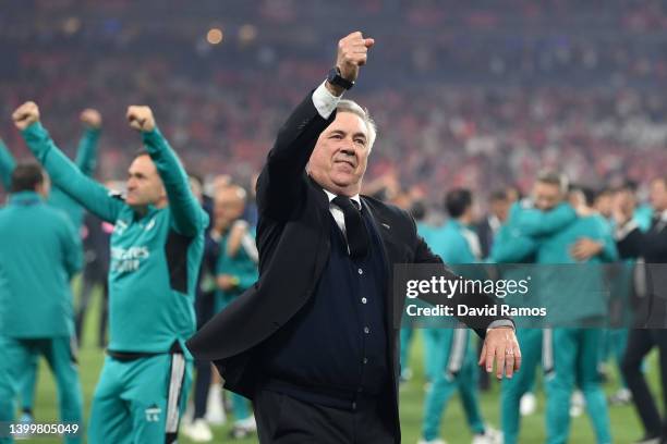 Carlo Ancelotti, Manager of Real Madrid, celebrates after the final whistle is blown to confirm their side as winners of the UEFA Champions League...