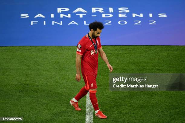 Mohamed Salah of Liverpool looks dejected following their sides defeat after the UEFA Champions League final match between Liverpool FC and Real...