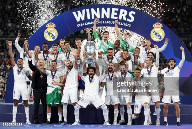 Marcelo of Real Madrid lifts the UEFA Champions League Trophy after their sides victory in the UEFA Champions League final match between Liverpool FC...