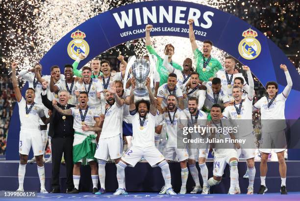 Marcelo of Real Madrid lifts the UEFA Champions League Trophy after their sides victory in the UEFA Champions League final match between Liverpool FC...