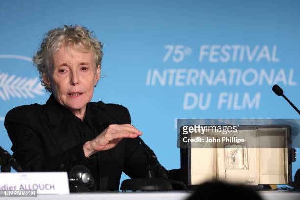 Director Claire Denis, who won the Grand Prize Palme d'Or Award for the movie 'Stars at Noon' speaks during the Palme D'Or Winner Press Conference...