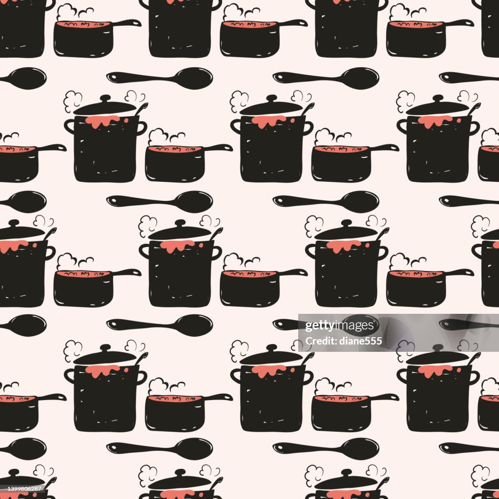 Cooking Pot Design Pattern Cute Doodled Seamless Cooking Pattern Of Pots And Pans High-Res Vector ...
