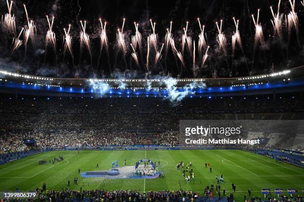 General view inside the stadium as Marcelo of Real Madrid lifts the UEFA Champions League Trophy after their sides victory in the UEFA Champions...