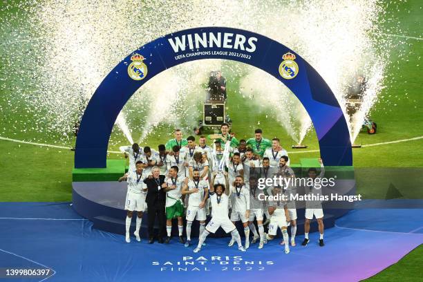 Marcelo of Real Madrid lifts the UEFA Champions League Trophy after their sides victory in the UEFA Champions League final match between Liverpool FC...