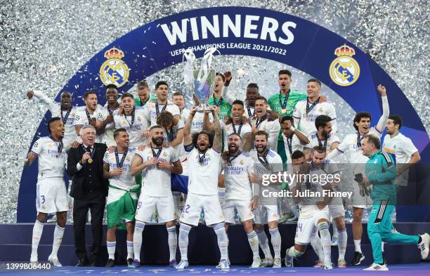 Marcelo of Real Madrid lifts the UEFA Champions League Trophy after their sides victory in the UEFA Champions League final match between Liverpool FC...