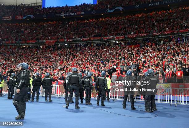 Members of the Gendarmerie Nationale line the barriers surrounding the Liverpool fans after the final whistle of the UEFA Champions League final...