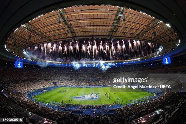 General view of the inside of the Stade de France as Marcelo of Real Madrid lifts the UEFA Champions League Trophy after their sides victory after...
