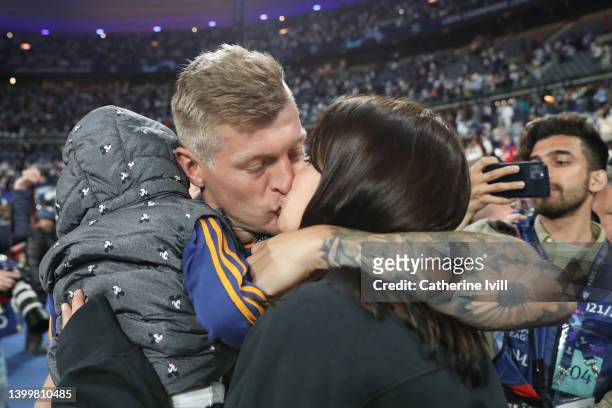 Toni Kroos of Real Madrid celebrates with wife Jessica Kroos following their sides victory in the UEFA Champions League final match between Liverpool...