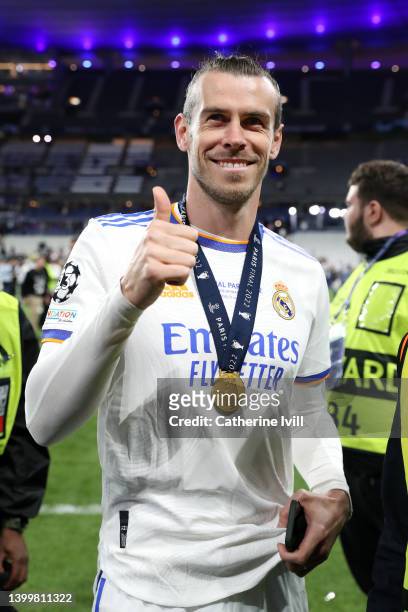 Gareth Bale of Real Madrid reacts following their sides victory in the UEFA Champions League final match between Liverpool FC and Real Madrid at...