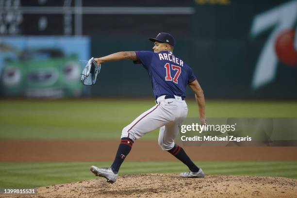 Chris Archer of the Minnesota Twins pitches during the game against the Oakland Athletics at RingCentral Coliseum on May 16, 2022 in Oakland,...