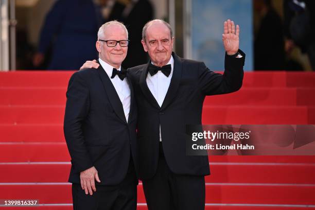 Thierry Fremaux and departing president Pierre Lescure attend the closing ceremony red carpet for the 75th annual Cannes film festival at Palais des...