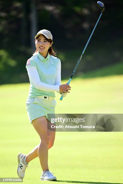 Hiromu Ono of Japan reacts after her second shot on the 1st hole during the final round of Resorttrust Ladies at Maple Point Golf Club on May 29,...