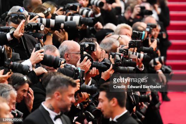 General view of photographers during the closing ceremony red carpet for the 75th annual Cannes film festival at Palais des Festivals on May 28, 2022...